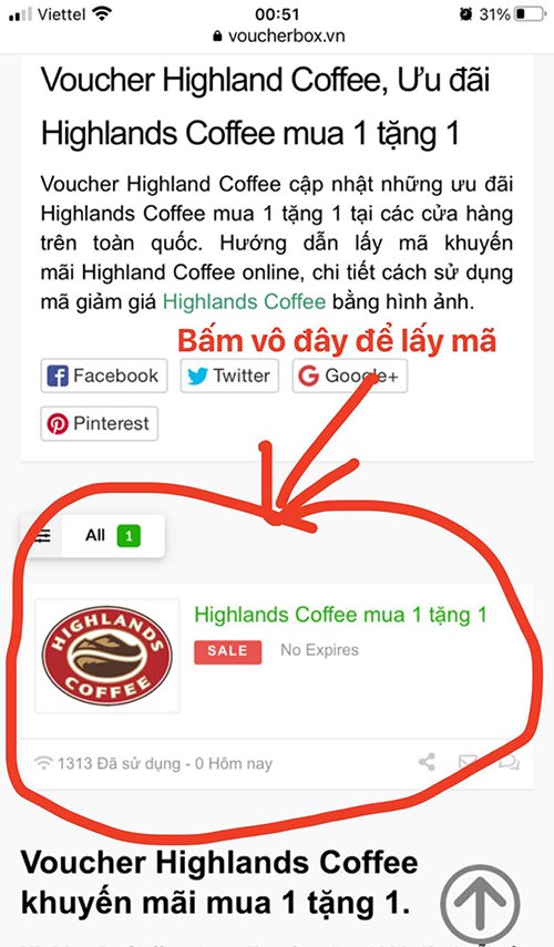 Lấy Voucher Highlands Coffee mua 1 tặng 1.