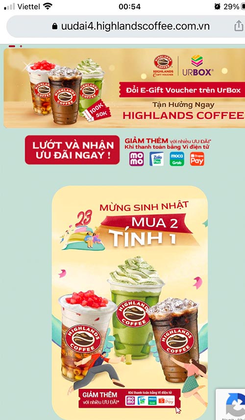 nhận mã giảm giá Highland mua 1 tặng 1.