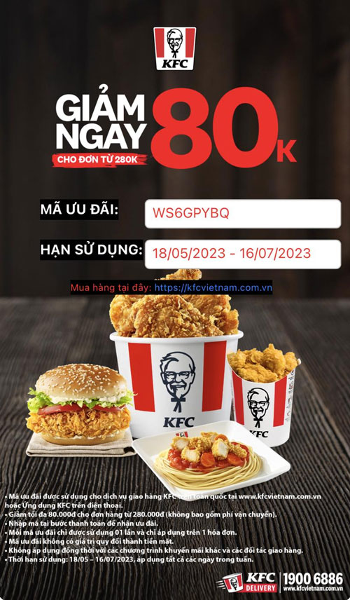 Lấy mã giảm giá KFC giảm 80k.
