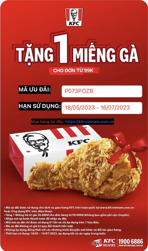 Nhận mã ưu đãi Kfc tặng miếng gà.