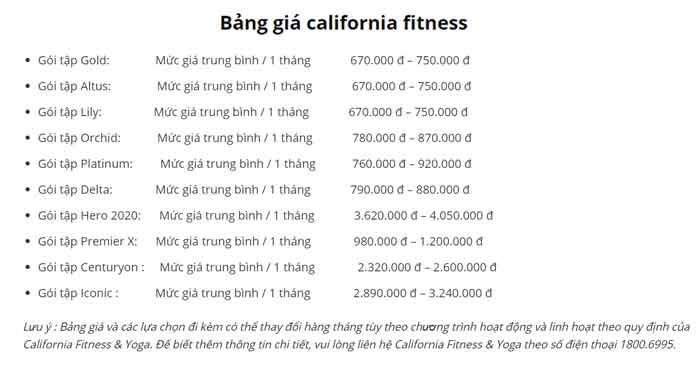 Bảng giá California fitness & Yoga cập nhật mới nhất.