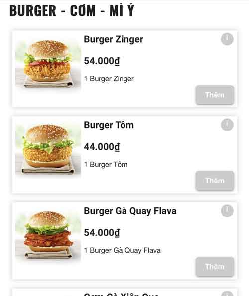 KFC khuyến mãi Burger - Cơm - Mì ý