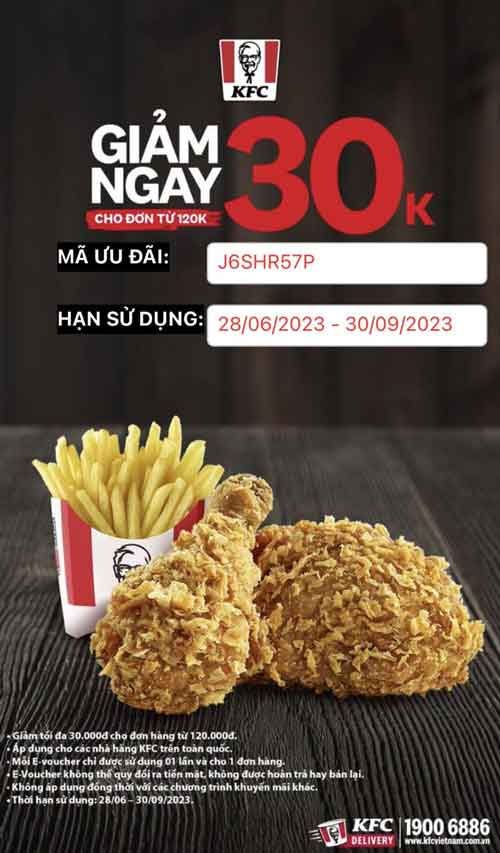 Lấy mã giảm giá Kfc giảm 30k cho đơn từ 120k