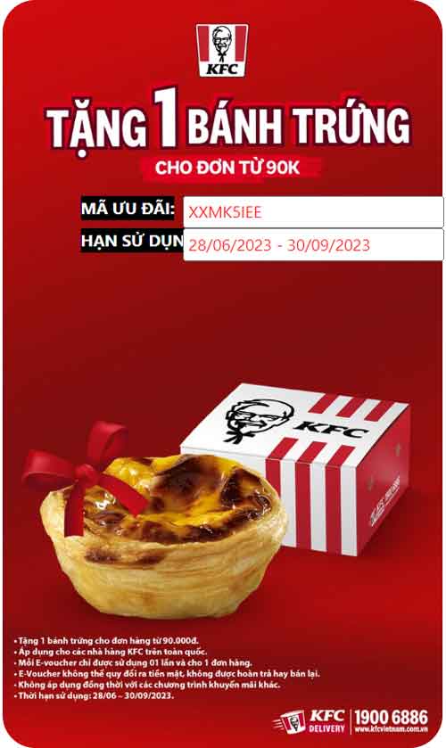 Lấy mã voucher Kfc tặng bánh trứng.