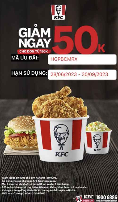 Mã giảm giá Kfc giảm 50k cho đơn hàng từ 180k