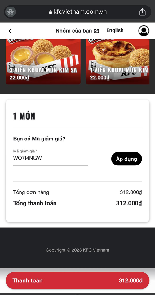 Nhập mã voucher Kfc, mã giảm giá Kfc.