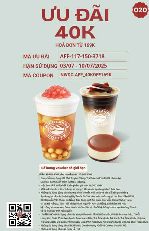 Lấy Mã giảm giá Highlands Coffee giảm giá 40k.