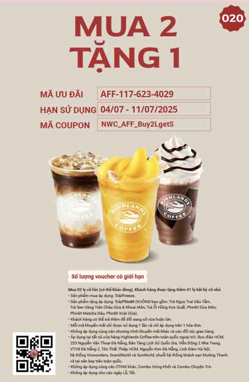 Lấy mã giảm giá Highland Coffee mua 2 tặng 1
