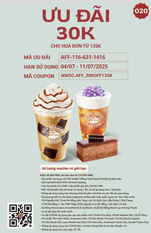 Lấy Mã giảm giá Highlands giảm 30k