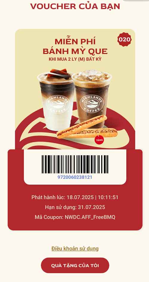 Mã giảm giá Highland tặng bánh mỳ Que