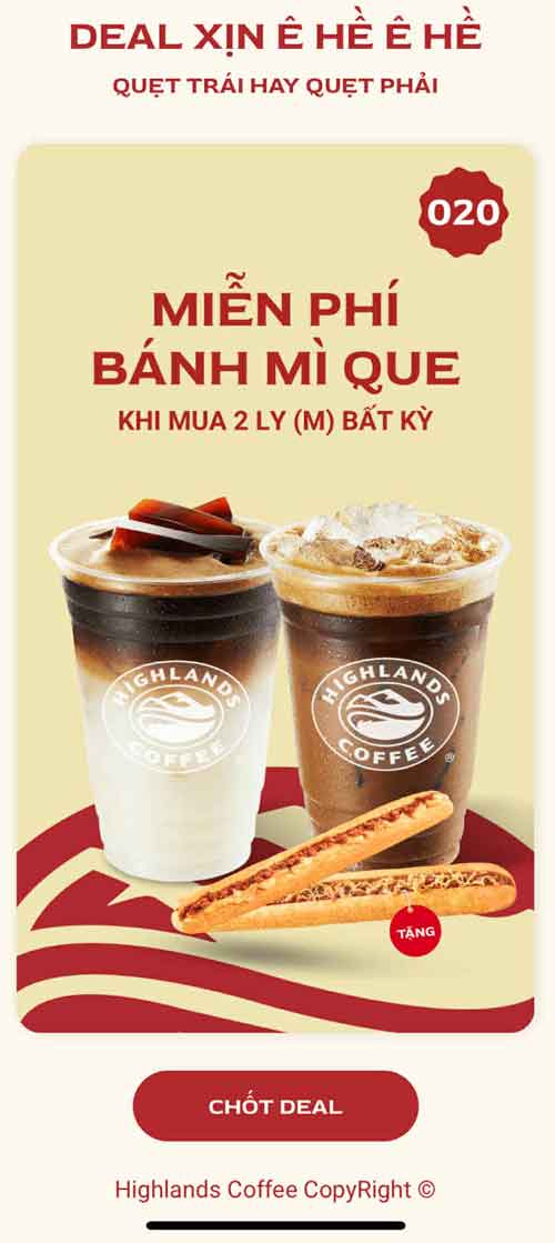 Ưu đãi Highland tặng bánh mỳ Que